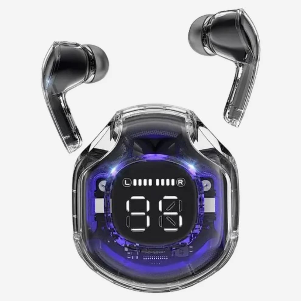 Air 39 Wireless Earbuds with transparent case showing digital battery display